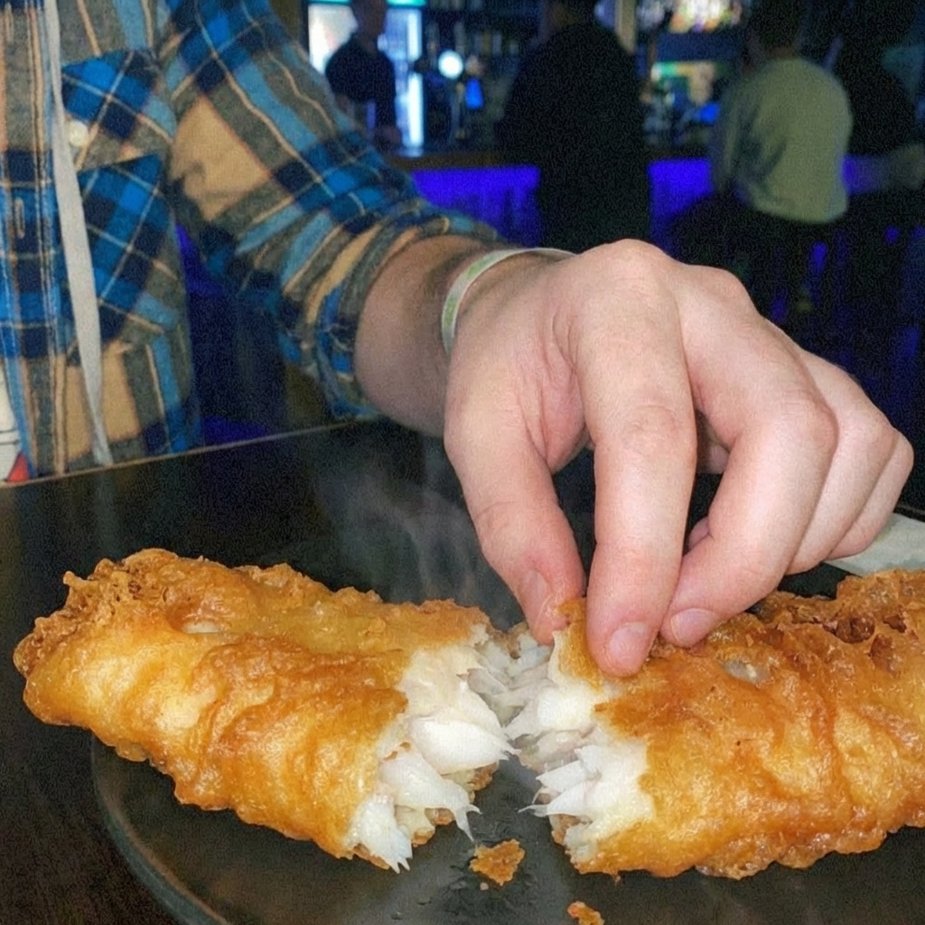 A hand pulling apart a piece of fried fish to show flaky white fish inside a crisp batter
