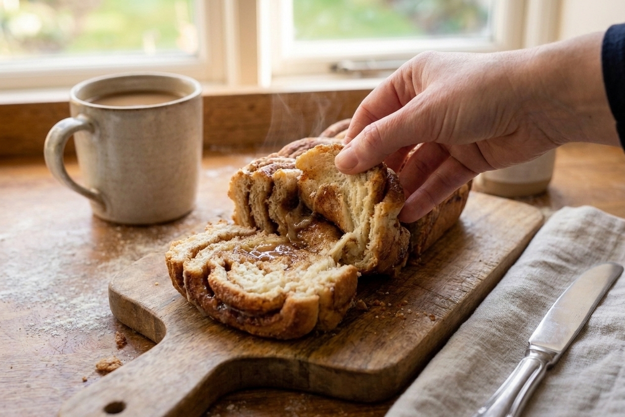 A hand pulling apart a warm cinnamon bread piece, showing gooey cinnamon sugar layers and tender crumb on a wooden cutting board
