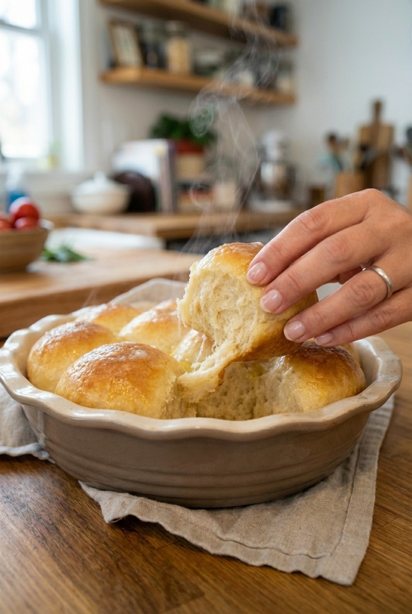 A hand pulling apart a warm dinner roll, showing a fluffy, steamy interior