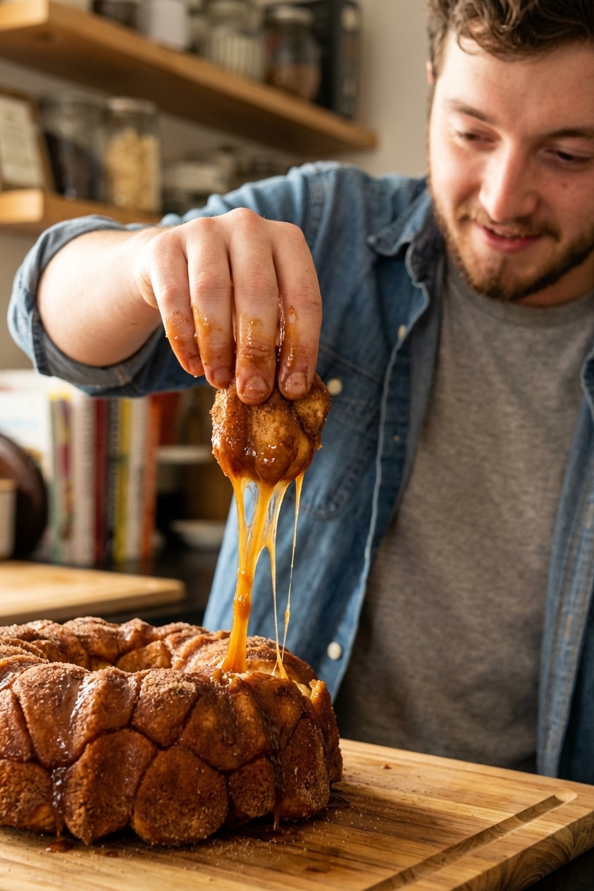A hand pulling one sticky cinnamon sugar dough piece away from a monkey bread loaf with caramel stretching