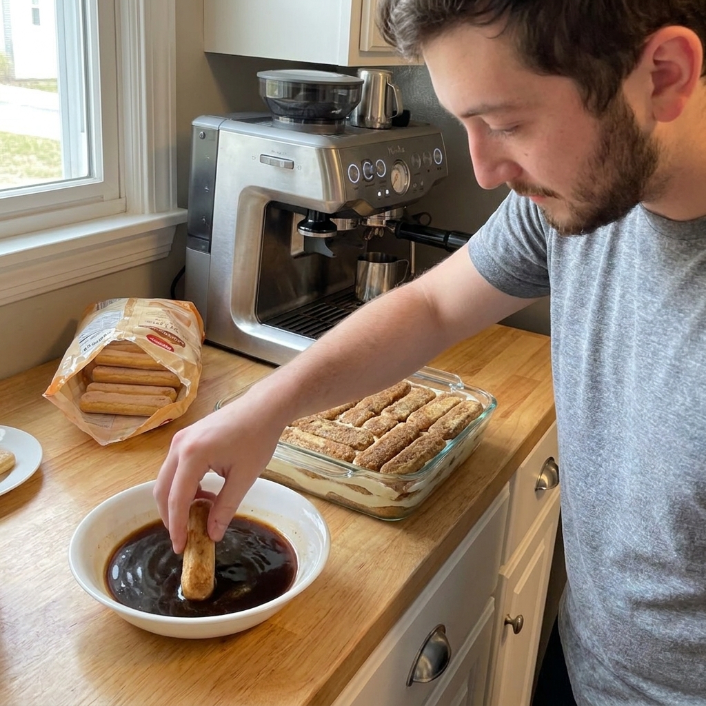 A hand quickly dipping a ladyfinger into a shallow bowl of espresso on a kitchen counter, with a baking dish nearby