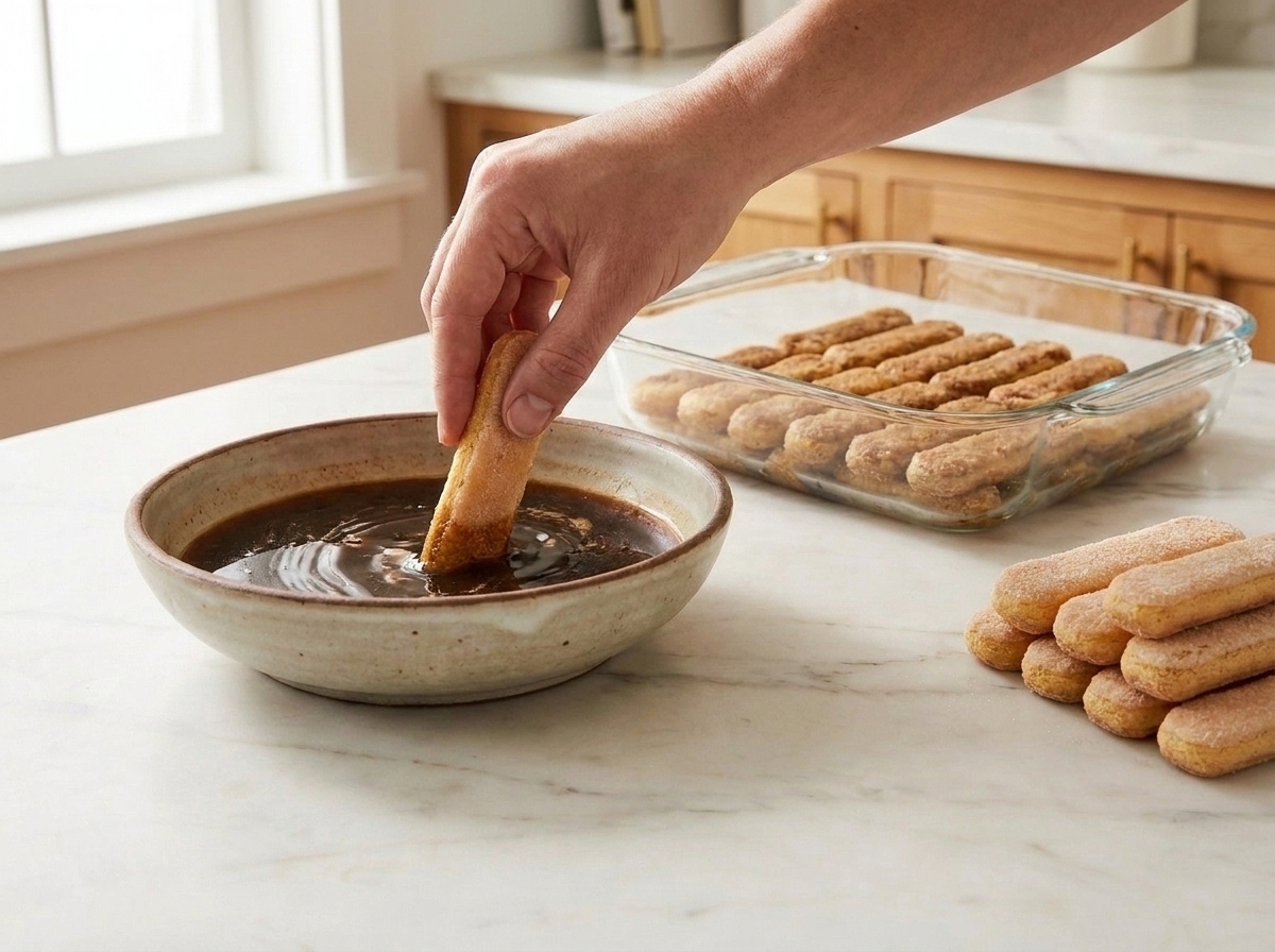 A hand quickly dipping a ladyfinger into a shallow bowl of espresso over a kitchen counter, with a baking dish nearby