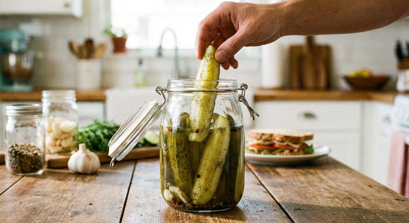 A hand reaching into an open jar to grab a crunchy dill pickle spear