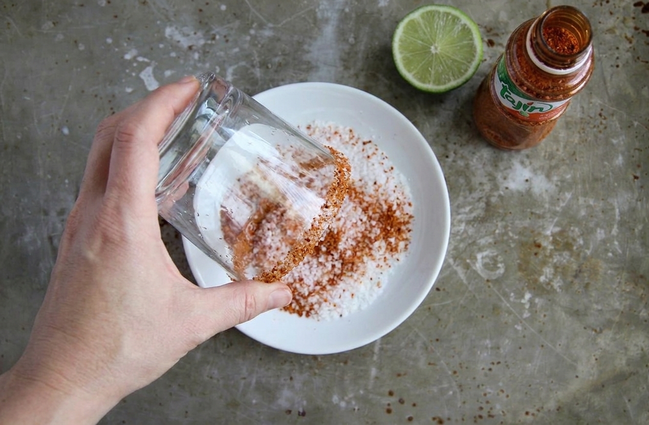 A hand rimming a cocktail glass with Tajín and salt on a small plate on a bright kitchen counter