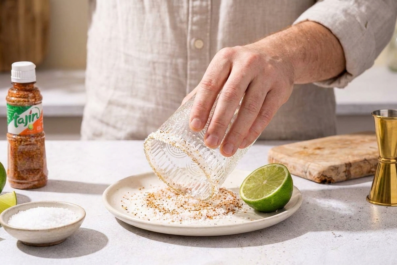 A hand rimming a rocks glass with a mix of kosher salt and Tajín on a small plate beside a cut lime