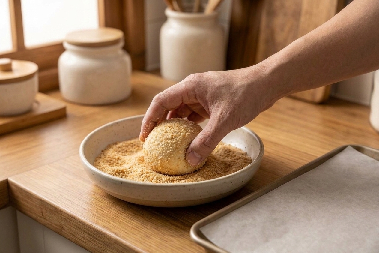 A hand rolling a dough ball in a shallow bowl of breadcrumbs beside a parchment lined baking sheet