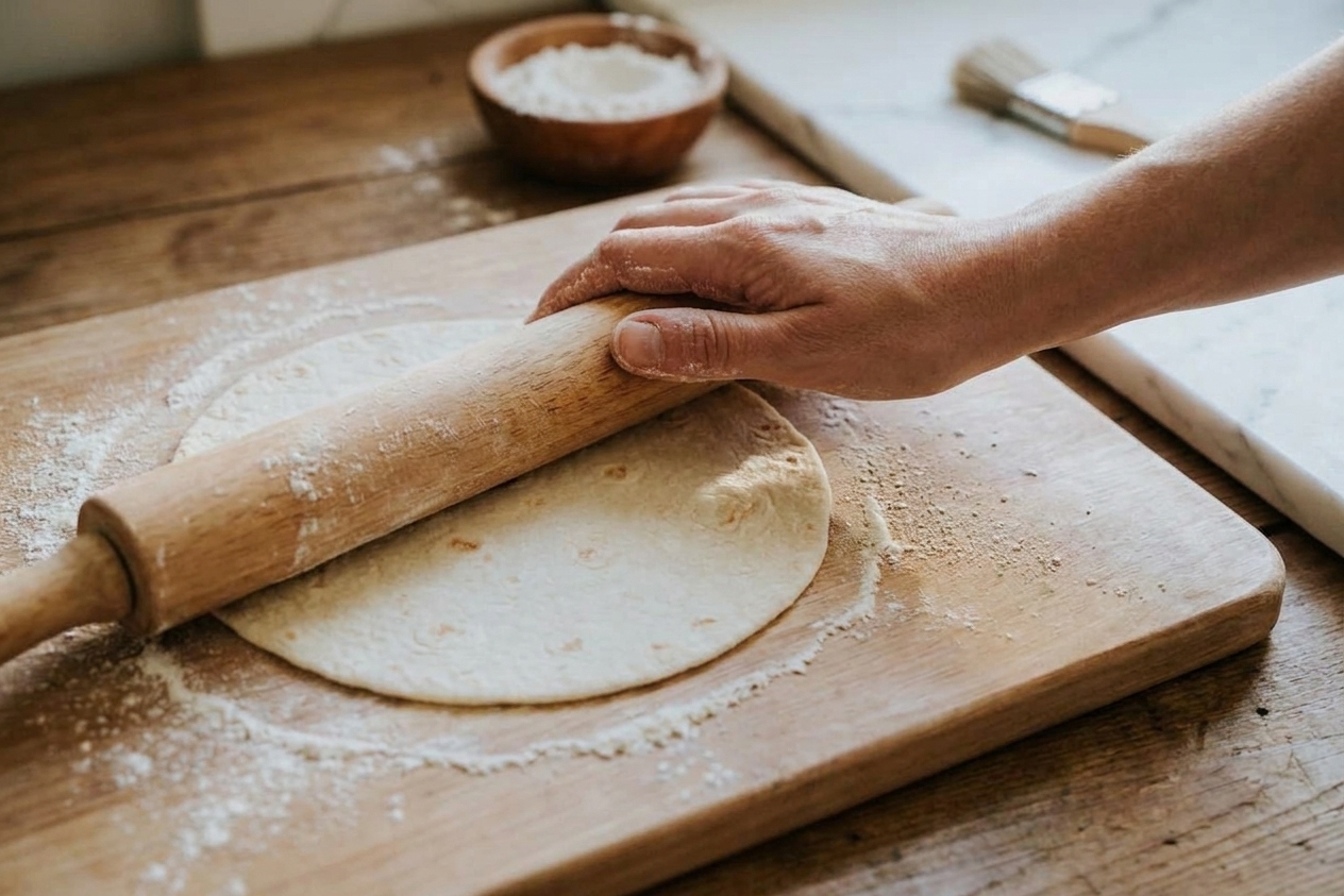 A hand rolling a round tortilla on a lightly floured wooden board with a rolling pin, dough circle nearly 8 inches wide