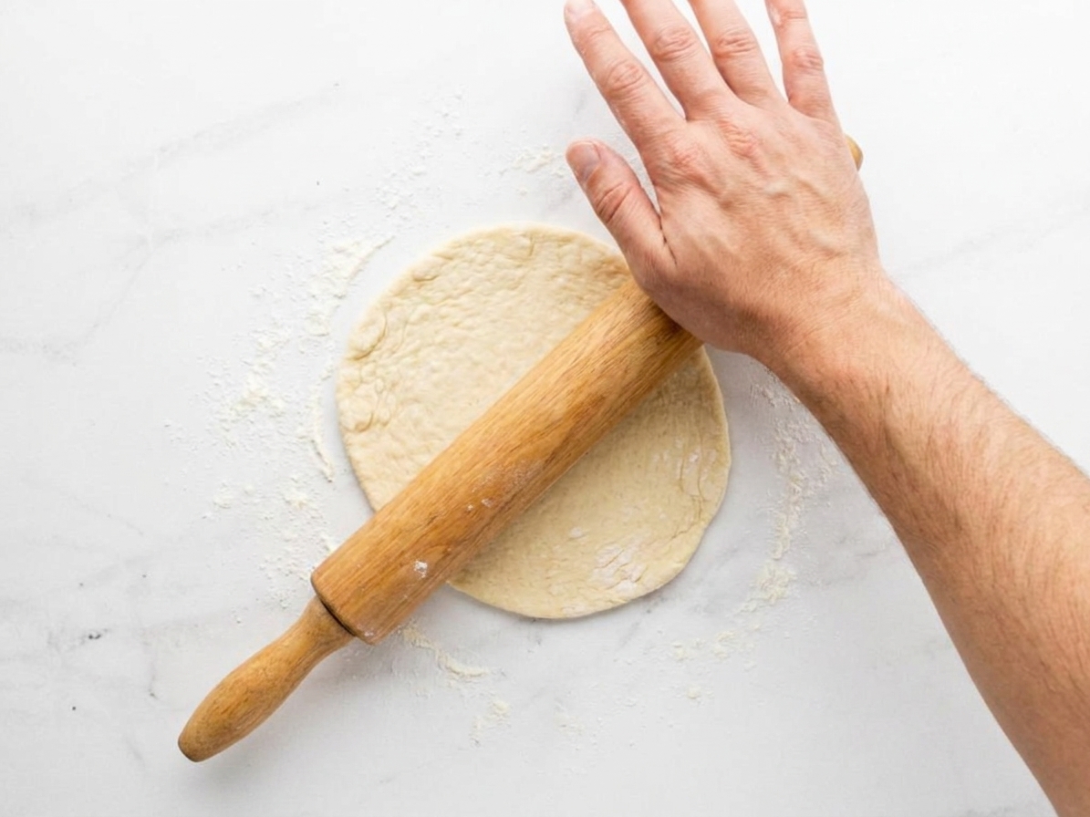 A hand rolling a small round of flatbread dough with a rolling pin on a lightly floured stone countertop