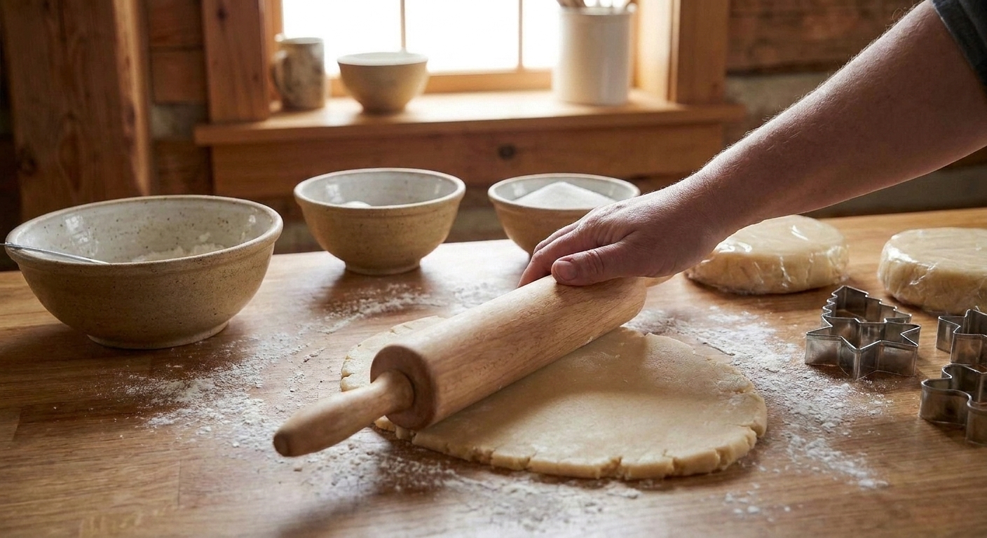 A hand rolling chilled sugar cookie dough on a lightly floured surface with holiday cookie cutters nearby