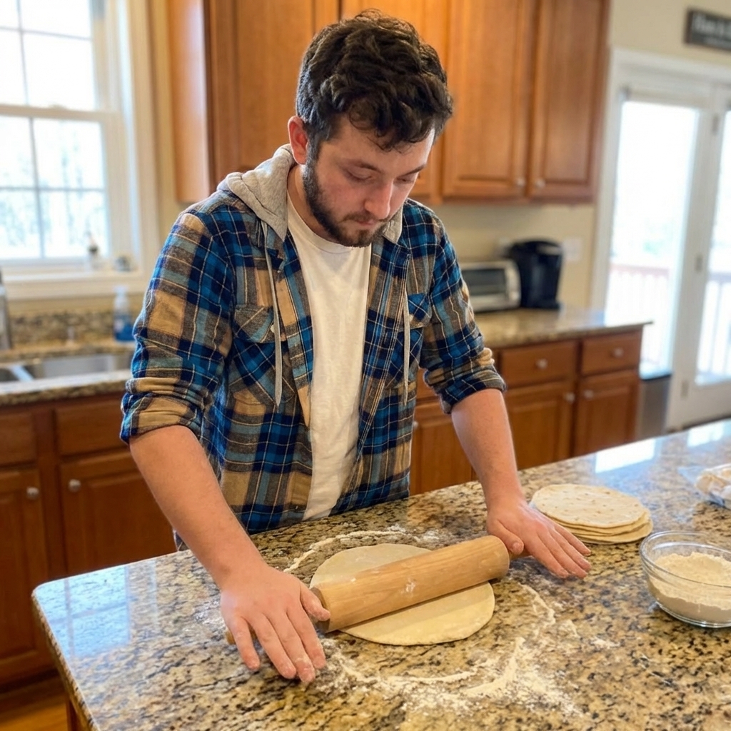 A hand rolling out tortilla dough with a rolling pin on a lightly floured counter