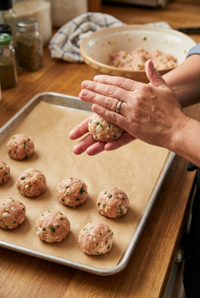 A hand rolling raw chicken meatball mixture on a parchment lined sheet pan in a home kitchen