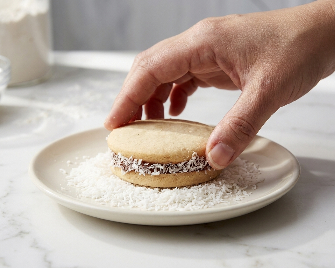 A hand rolling the dulce de leche edge of a filled alfajor in shredded coconut on a small plate