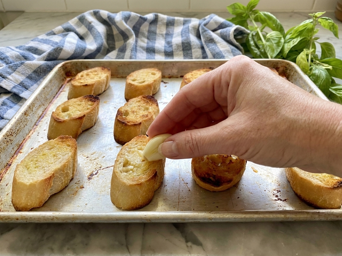 A hand rubbing a cut garlic clove over warm toasted baguette slices on a sheet pan in a home kitchen