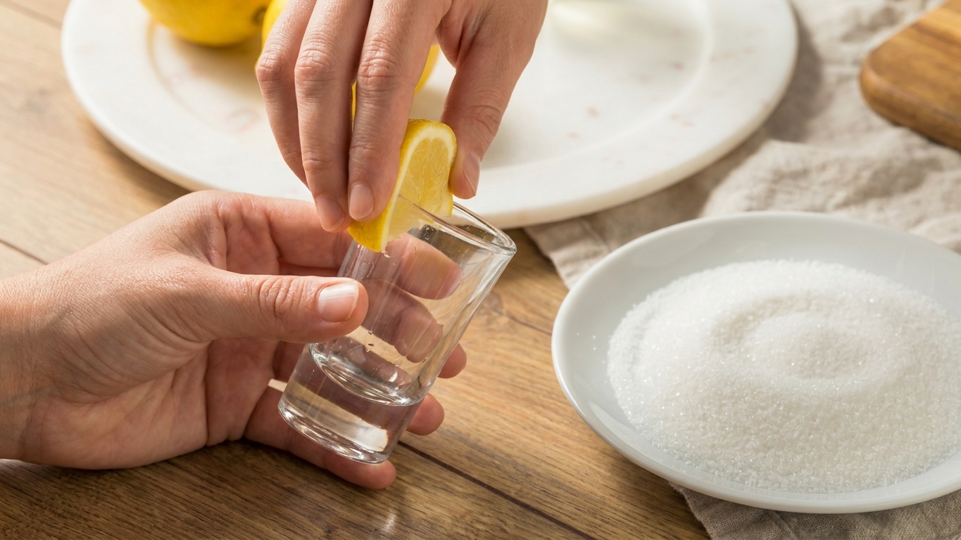 A hand rubbing a lemon wedge around the rim of a shot glass next to a plate of granulated sugar on a kitchen counter