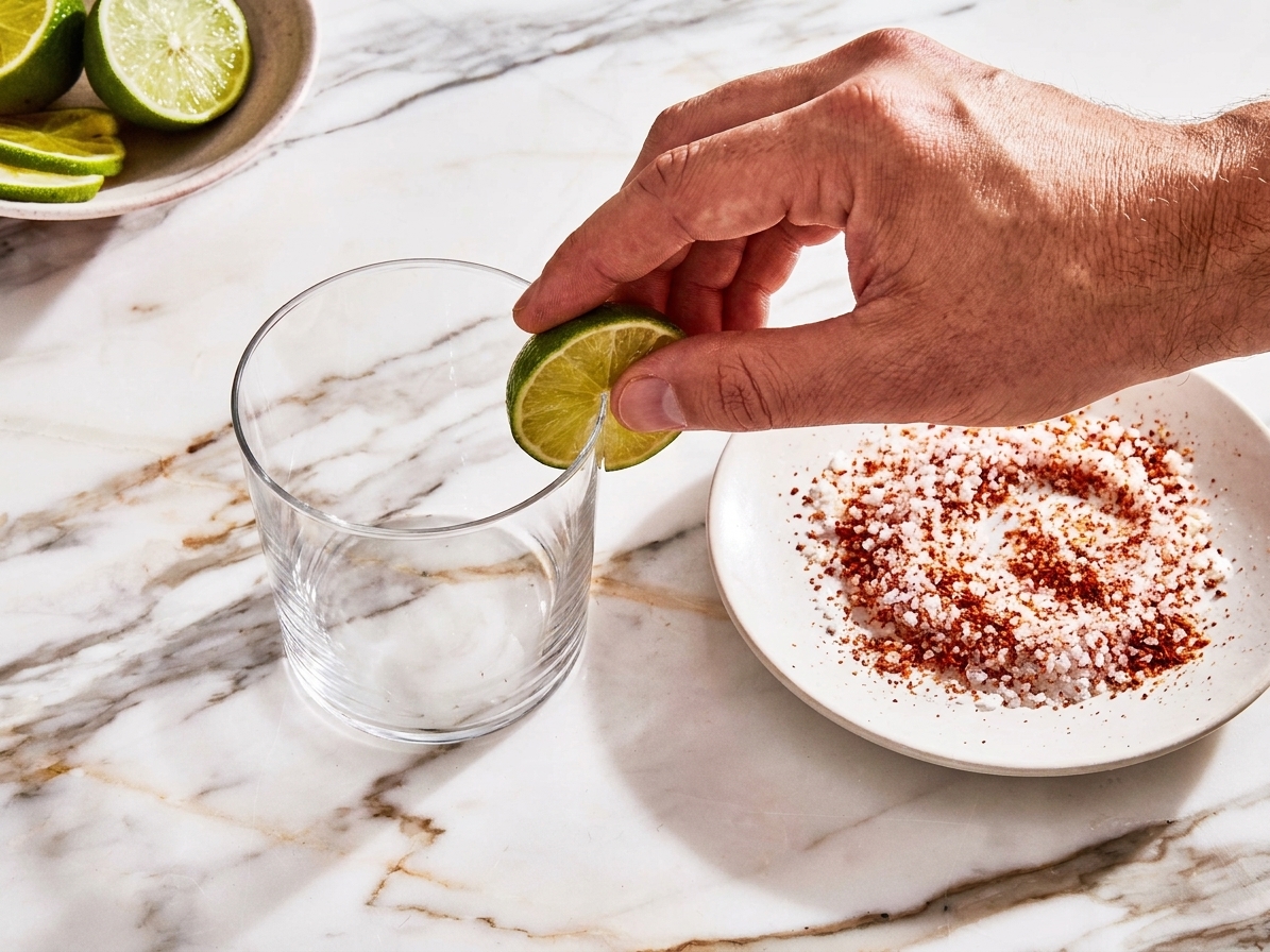 A hand rubbing a lime wedge around the rim of a rocks glass next to a small plate of salt and chili seasoning on a kitchen counter