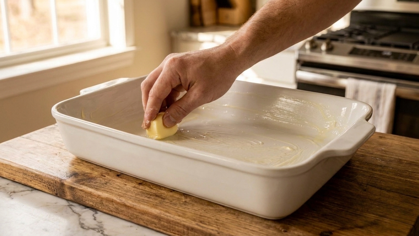 A hand rubbing butter inside a 9x13-inch baking dish on a kitchen counter
