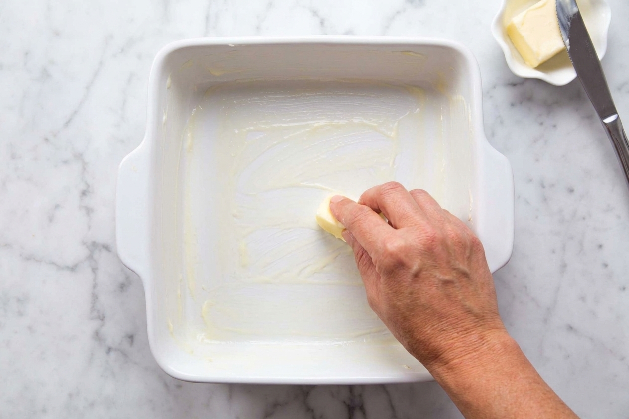 A hand rubbing butter inside a square white ceramic baking dish on a kitchen counter