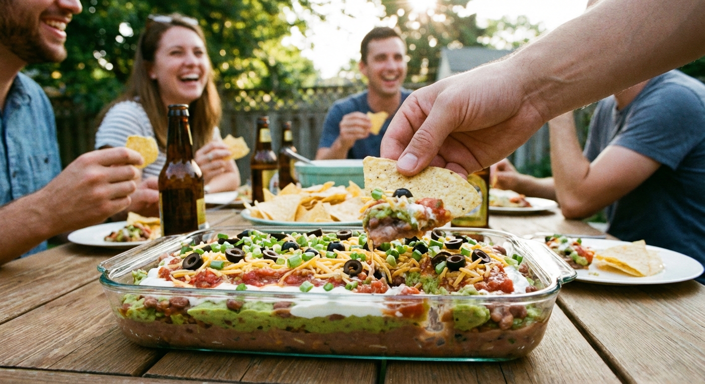 A hand scooping a big chipful of seven layer dip from a glass dish at a casual gathering