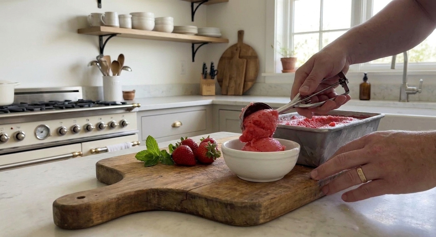A hand scooping bright pink strawberry sorbet into a small white bowl on a kitchen counter
