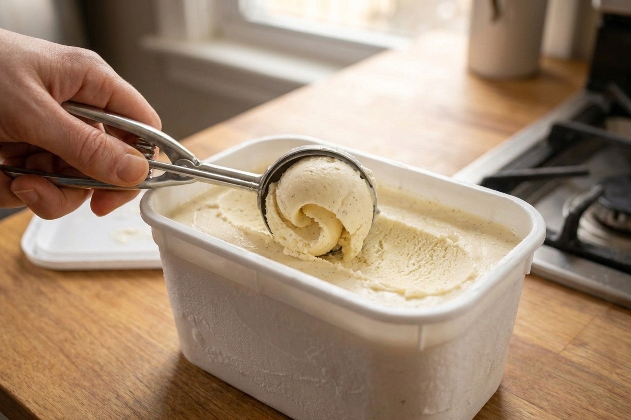 A hand scooping firm vanilla ice cream from a freezer container with a metal ice cream scoop on a kitchen counter
