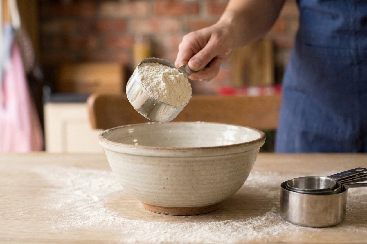 A hand scooping flour into a large mixing bowl on a kitchen counter with measuring cups nearby