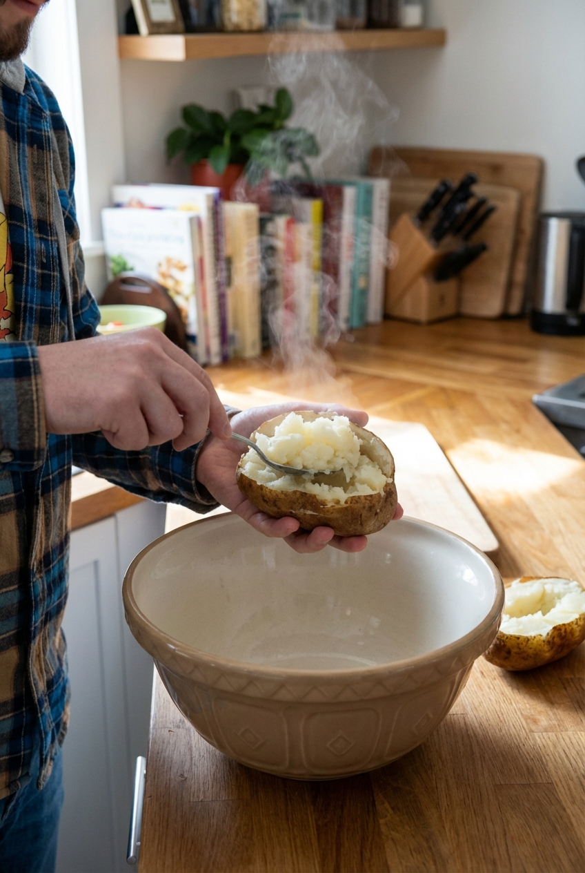 A hand scooping fluffy potato flesh from a halved baked potato into a mixing bowl on a countertop