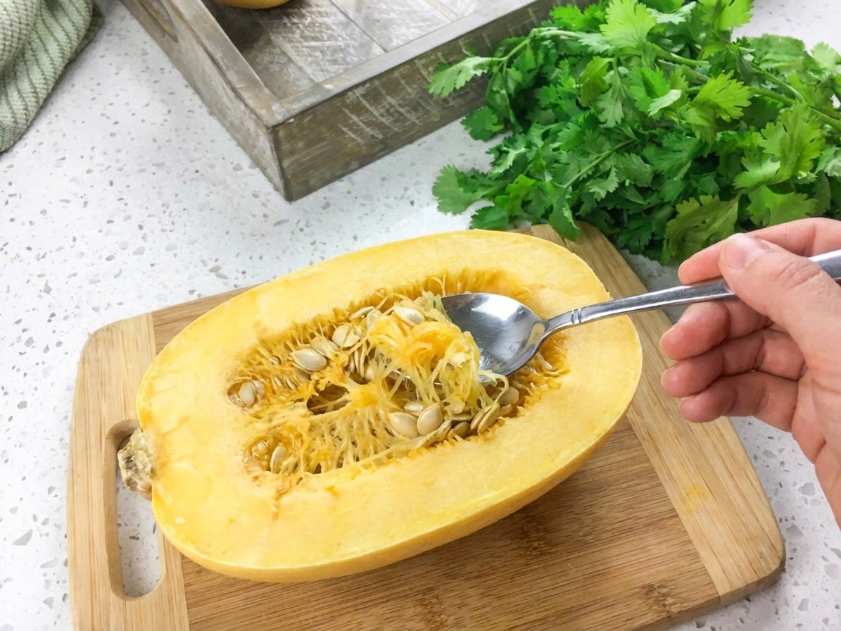 A hand scooping seeds from a halved spaghetti squash with a metal spoon on a wooden cutting board, kitchen counter in the background