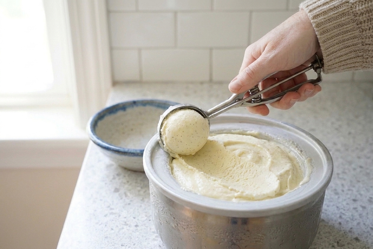 A hand scooping vanilla ice cream from a container with a metal ice cream scoop on a kitchen counter