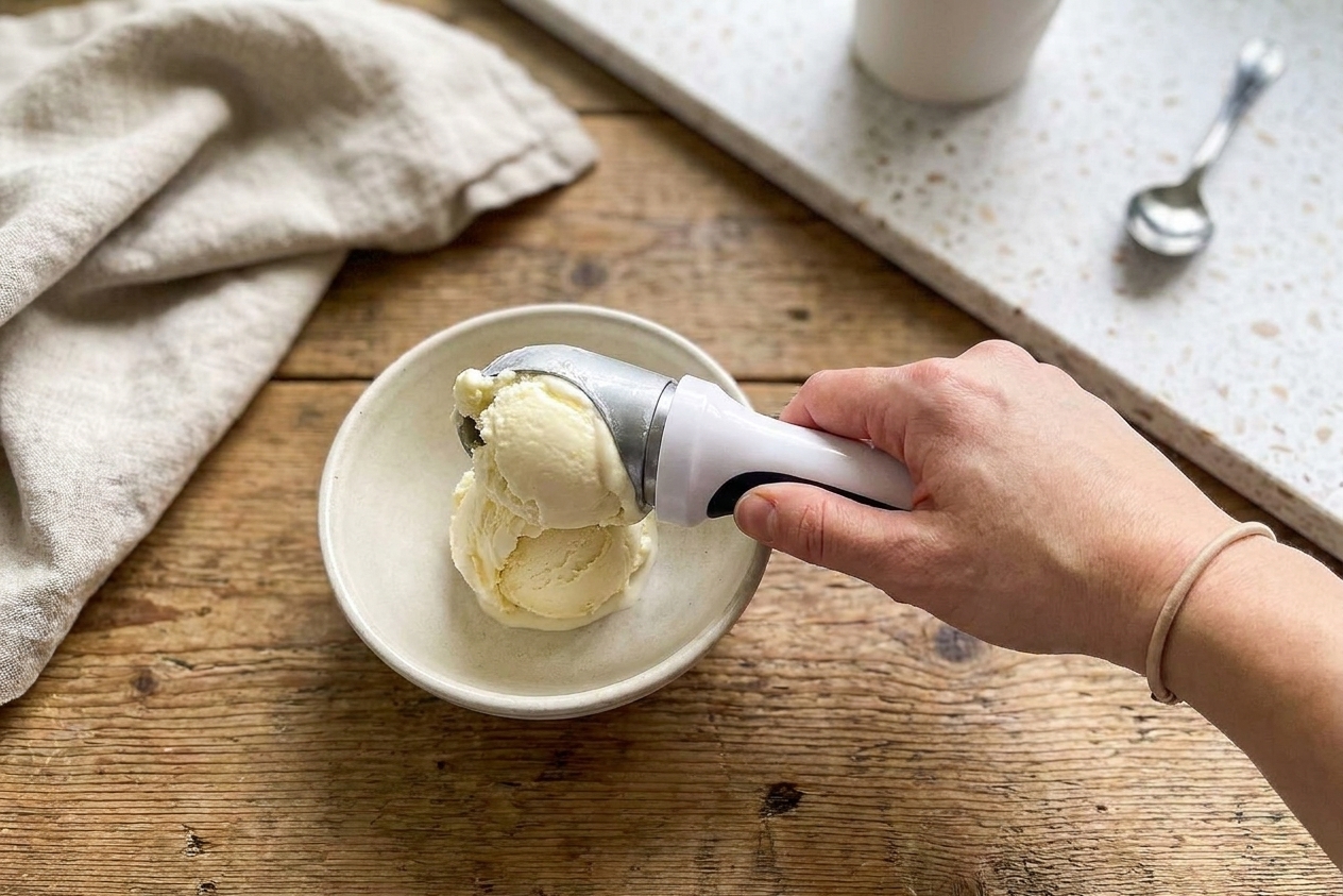 A hand scooping vanilla ice cream into a small bowl with a metal scoop on a wooden table