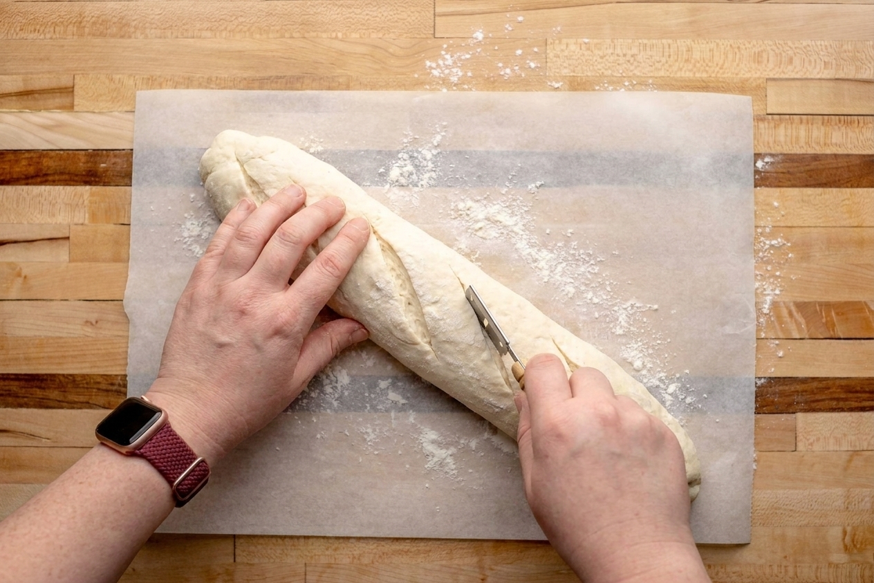 A hand scoring diagonal slashes on an unbaked baguette resting on parchment with a razor blade