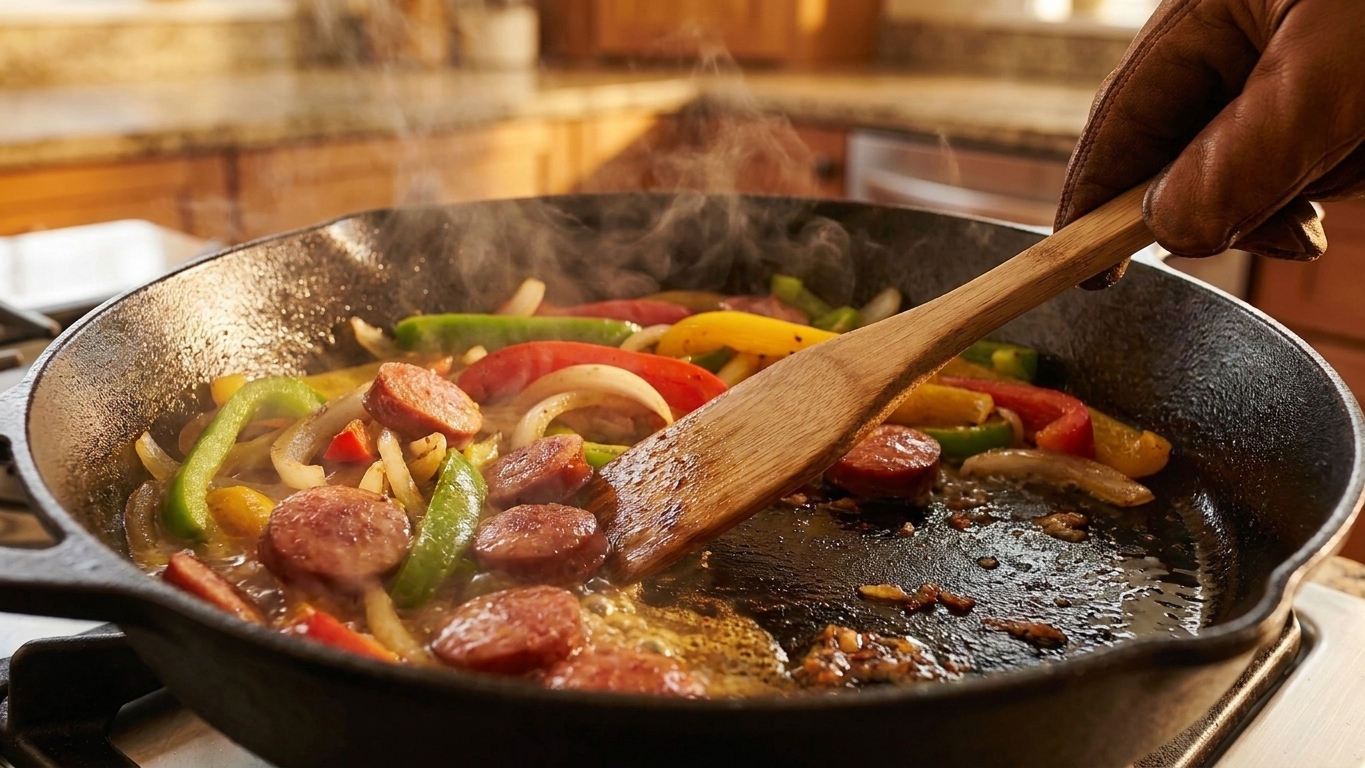A hand scraping browned bits from a skillet as broth bubbles around sausage, peppers, and onions