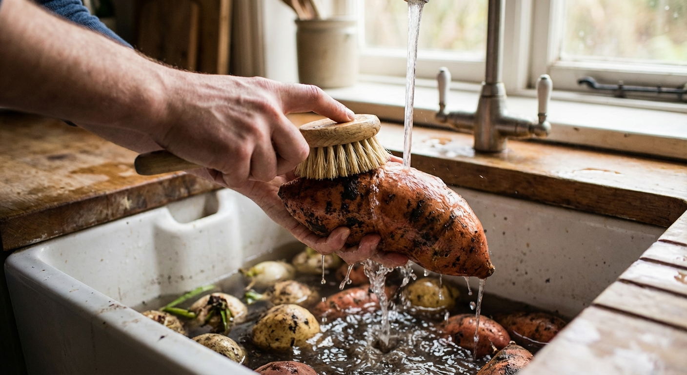 A hand scrubbing a sweet potato under running water in a kitchen sink