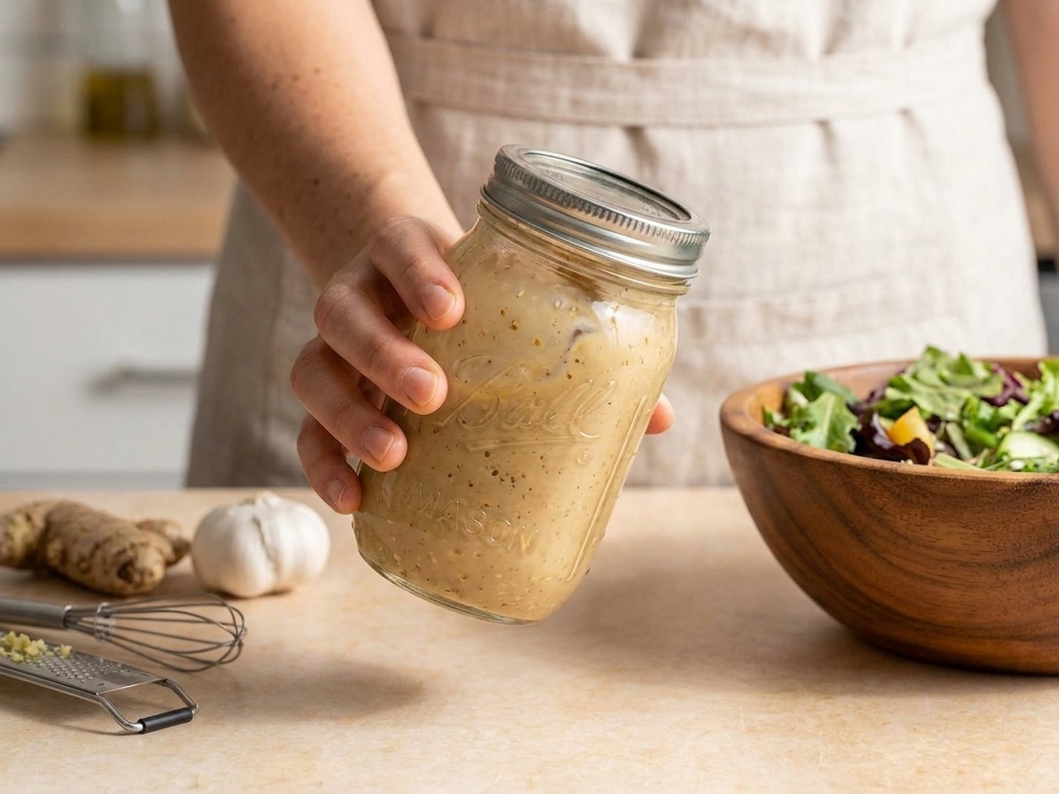 A hand shaking a sealed mason jar filled with soy sesame salad dressing on a kitchen counter with a salad bowl nearby