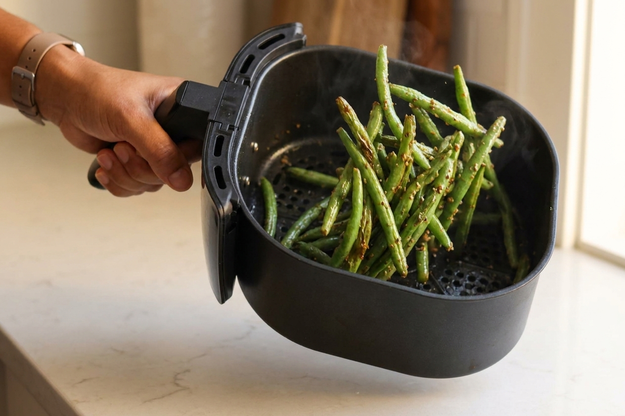 A hand shaking an air fryer basket halfway through cooking so the green beans tumble and brown evenly