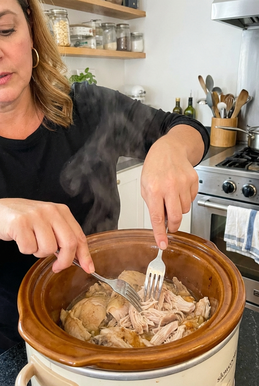 A hand shredding tender cooked chicken in a slow cooker using two forks
