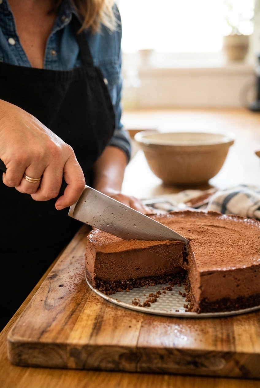 A hand slicing a chilled vegan chocolate cheesecake with a sharp knife, showing clean layers of crust and creamy filling