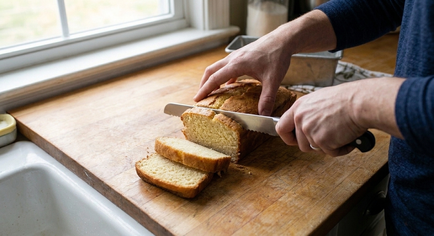 A hand slicing a cooled loaf of ice cream bread into even slices on a cutting board with a serrated knife in a home kitchen