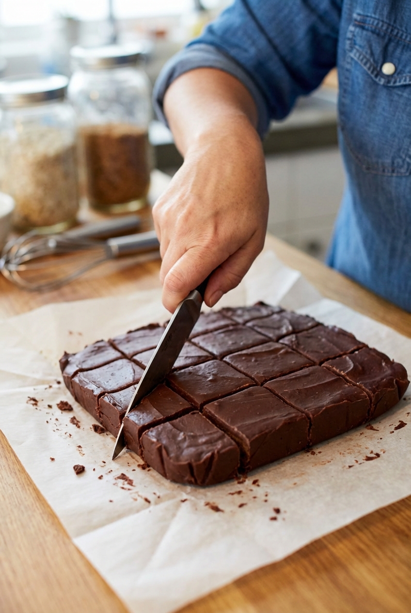A hand slicing a cooled slab of chocolate fudge into neat squares on parchment paper