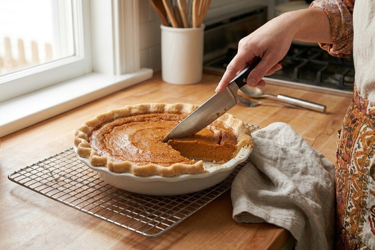A hand slicing a cooled sweet potato pie with a chef's knife in a pie dish on a kitchen counter