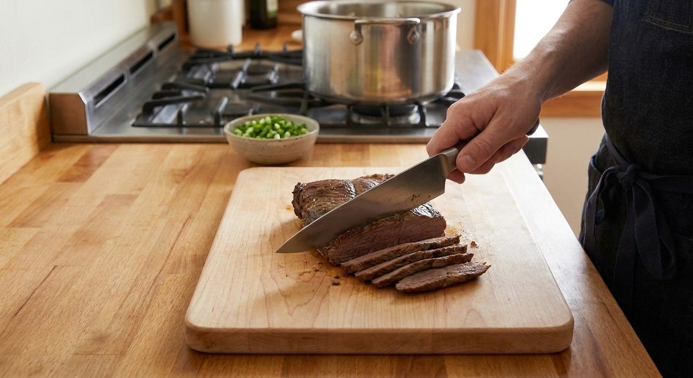 A hand slicing a piece of cooked beef thinly against the grain on a cutting board with a sharp chef's knife
