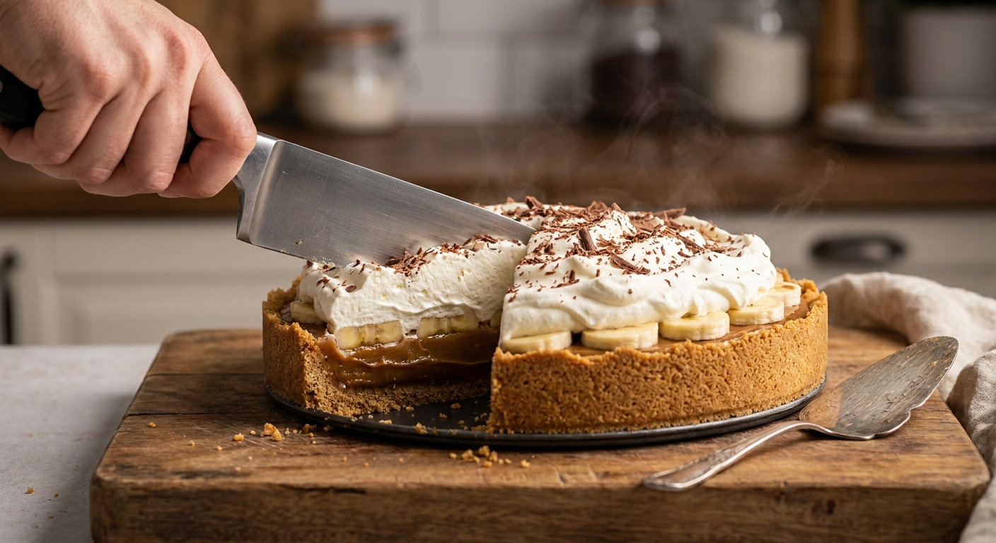 A hand slicing chilled banoffee pie with a sharp knife, showing clean layers of crust, dulce de leche, bananas, and whipped cream