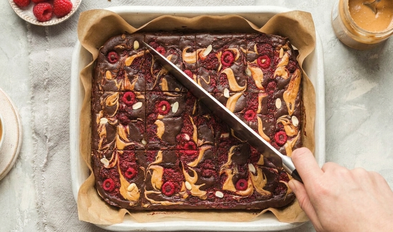 A hand slicing chilled fudgy vegan brownies in a parchment-lined pan with a sharp knife on a kitchen counter