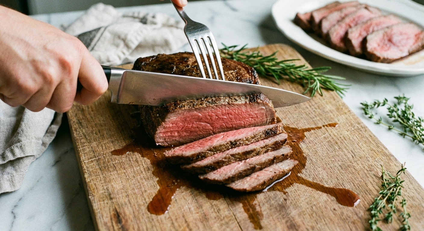 A hand slicing cooked London broil thinly against the grain on a wooden cutting board