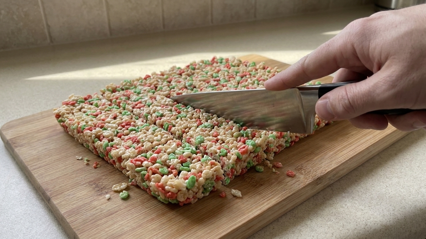A hand slicing cooled Rice Krispie bars into neat squares on a cutting board with a sharp knife