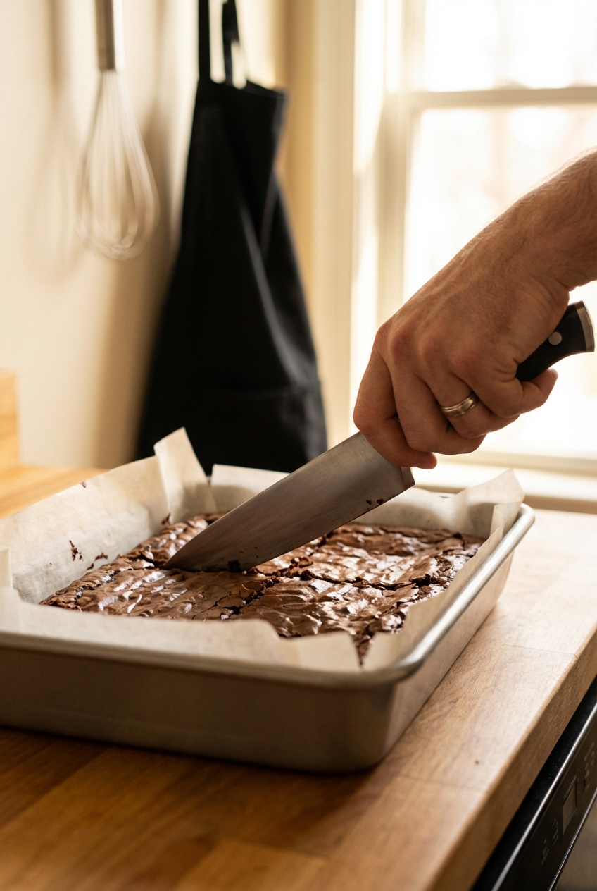 A hand slicing cooled brownies in a parchment-lined pan with a chef's knife