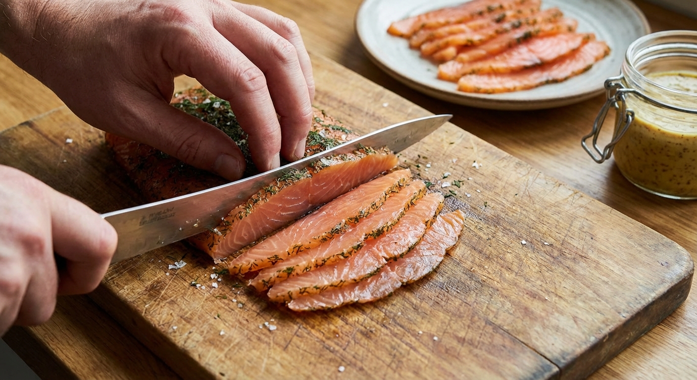 A hand slicing cured salmon gravlax into thin pieces on a wooden cutting board with a sharp knife