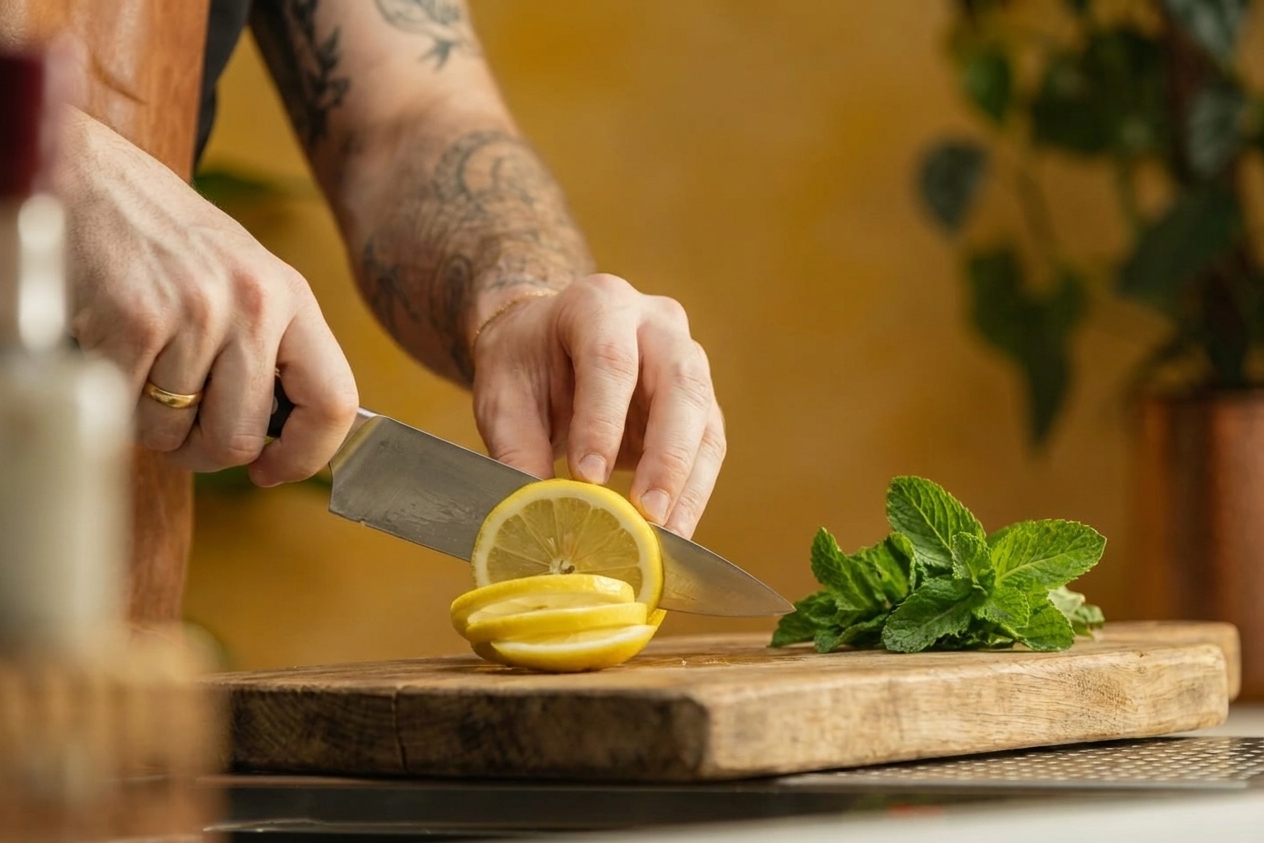 A hand slicing lemon wheels beside a small pile of mint sprigs on a wooden cutting board on a bright kitchen counter