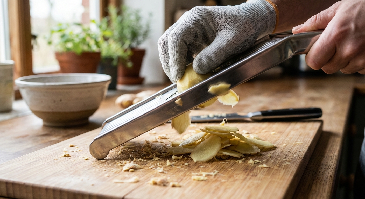 A hand slicing peeled ginger into paper-thin rounds on a mandoline over a cutting board in a home kitchen, close-up photorealistic action shot