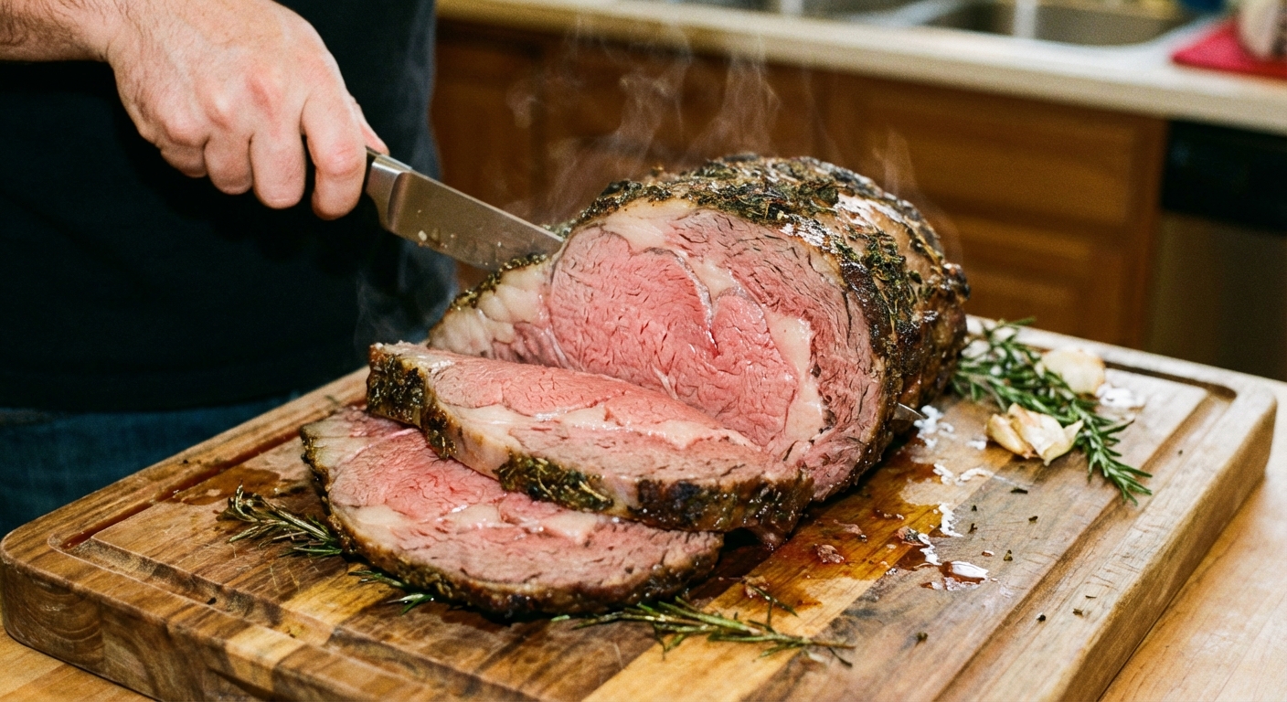 A hand slicing prime rib into thick slices showing a rosy interior and browned crust on a wooden cutting board