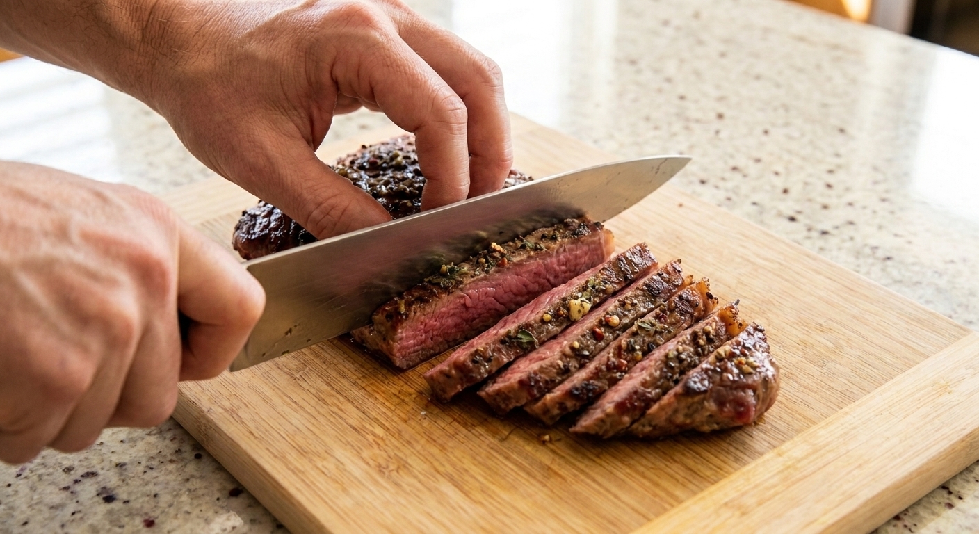 A hand slicing rested flat iron steak into thin strips across the grain on a wooden cutting board, with a chef's knife and natural kitchen light